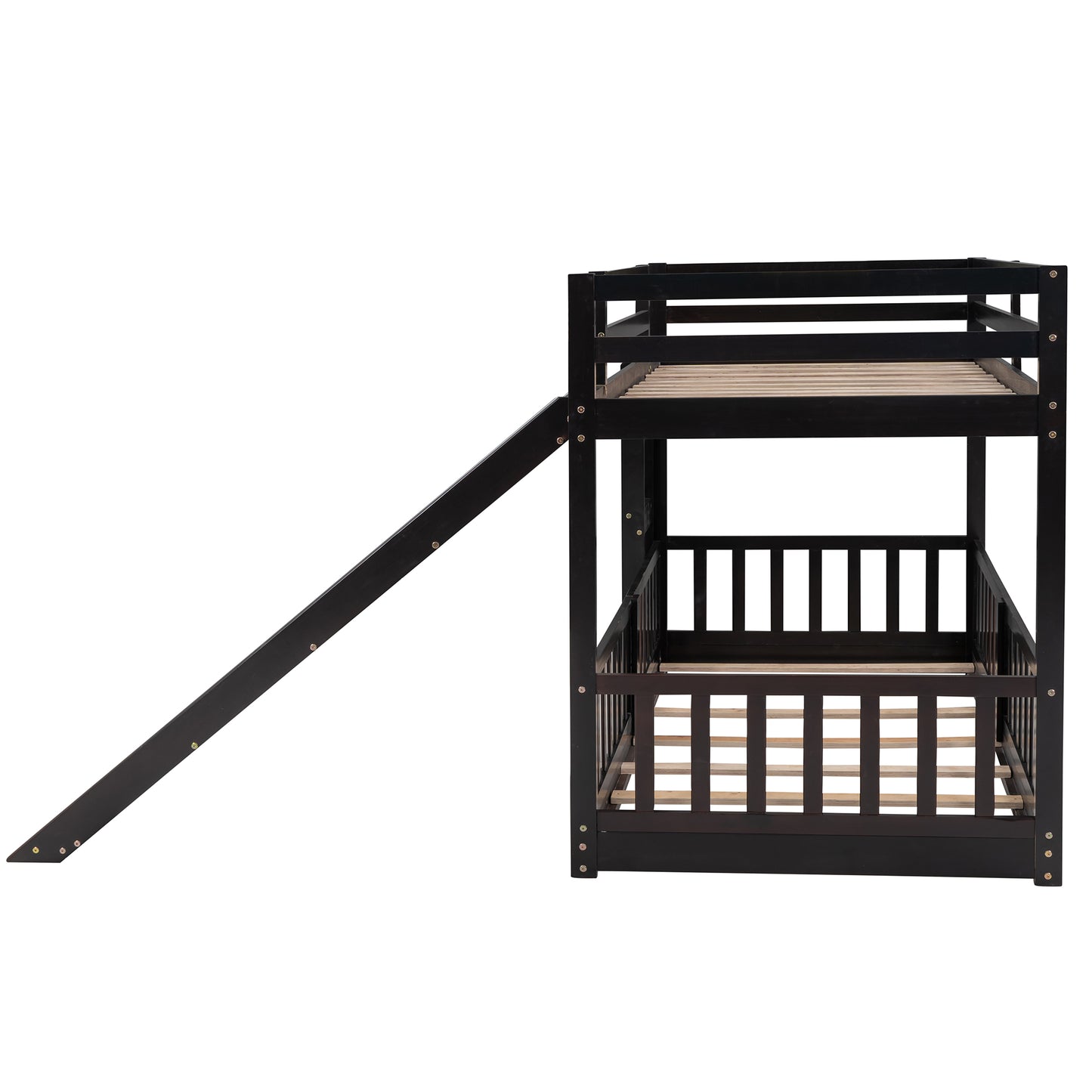 Dark brown wooden bunk bed with slide perfect for kids rooms