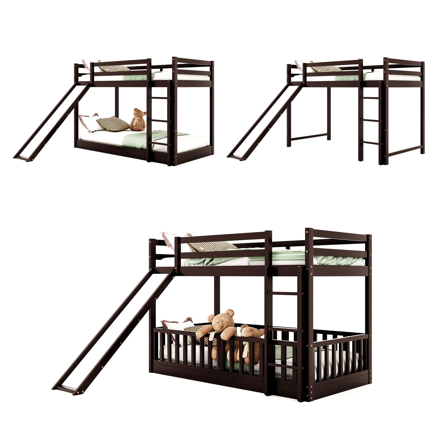 Dark brown wooden bunk bed with slide and ladders perfect for kids rooms