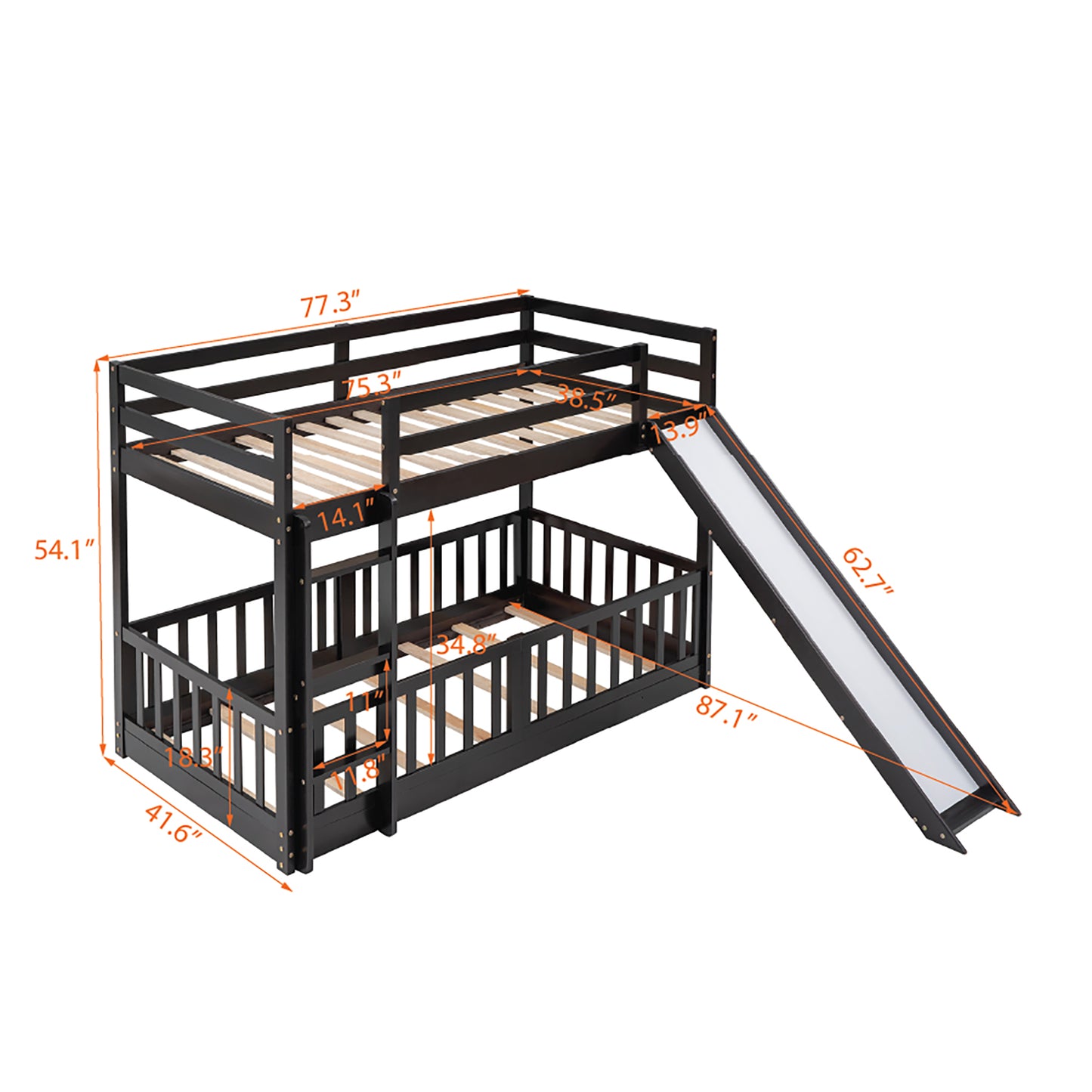 Black wooden bunk bed with slide and dimensions displayed
