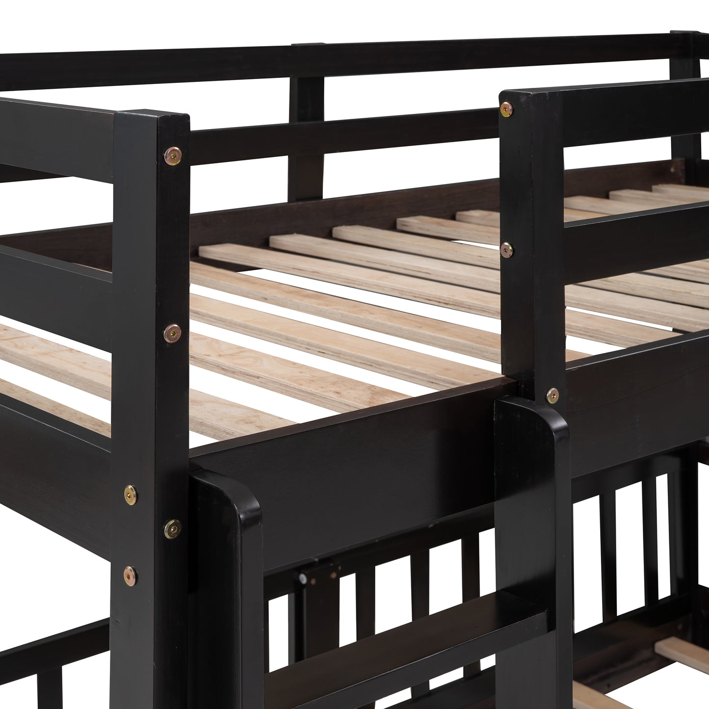 Dark wood bunk bed frame with slatted mattress support