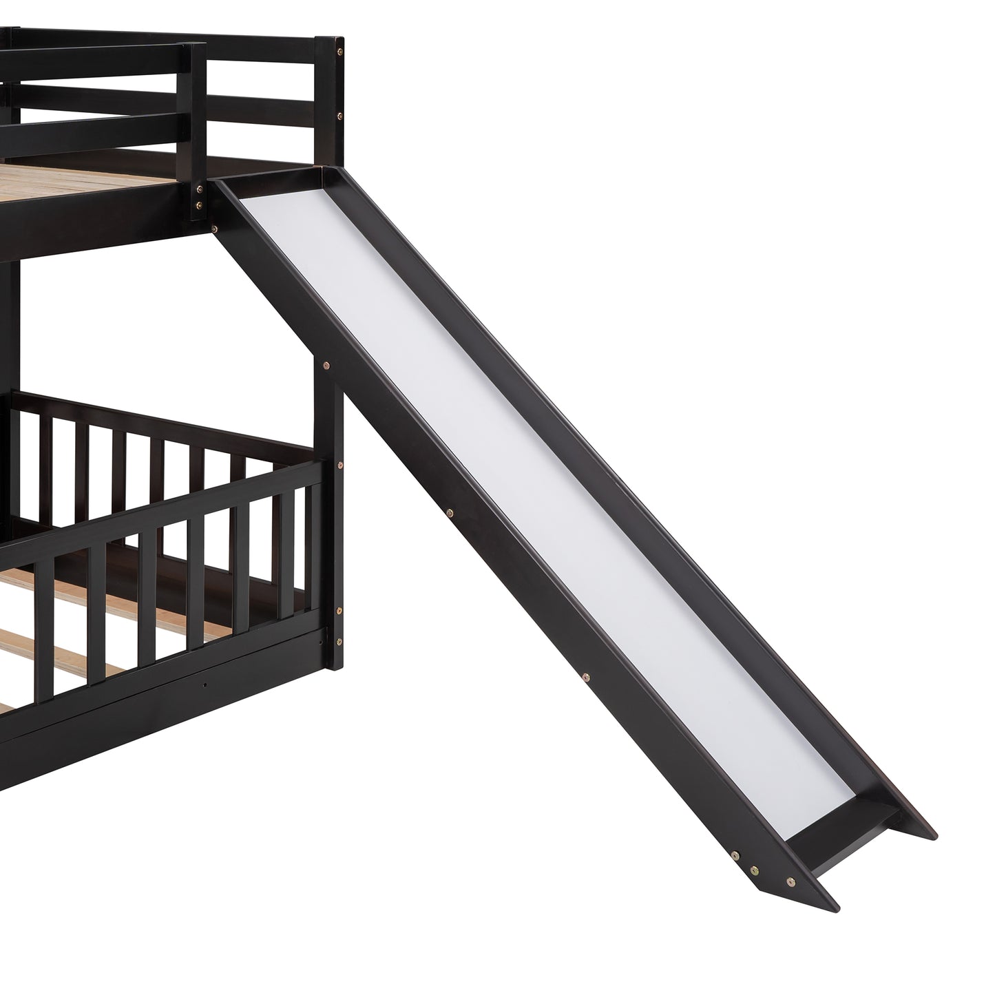Dark brown wooden bunk bed with an attached white slide for childrens play