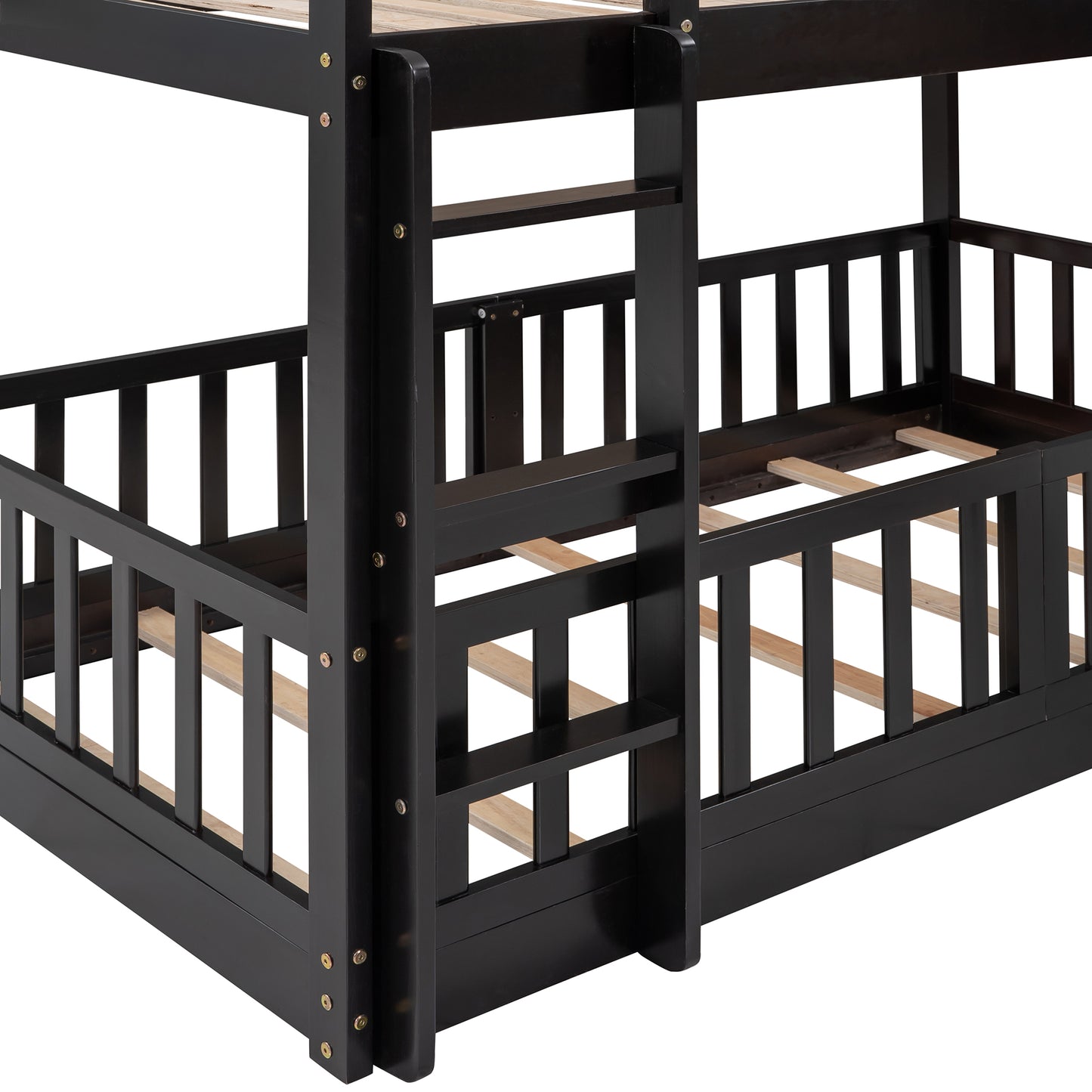 Black wooden bunk bed frame with ladder for kids room
