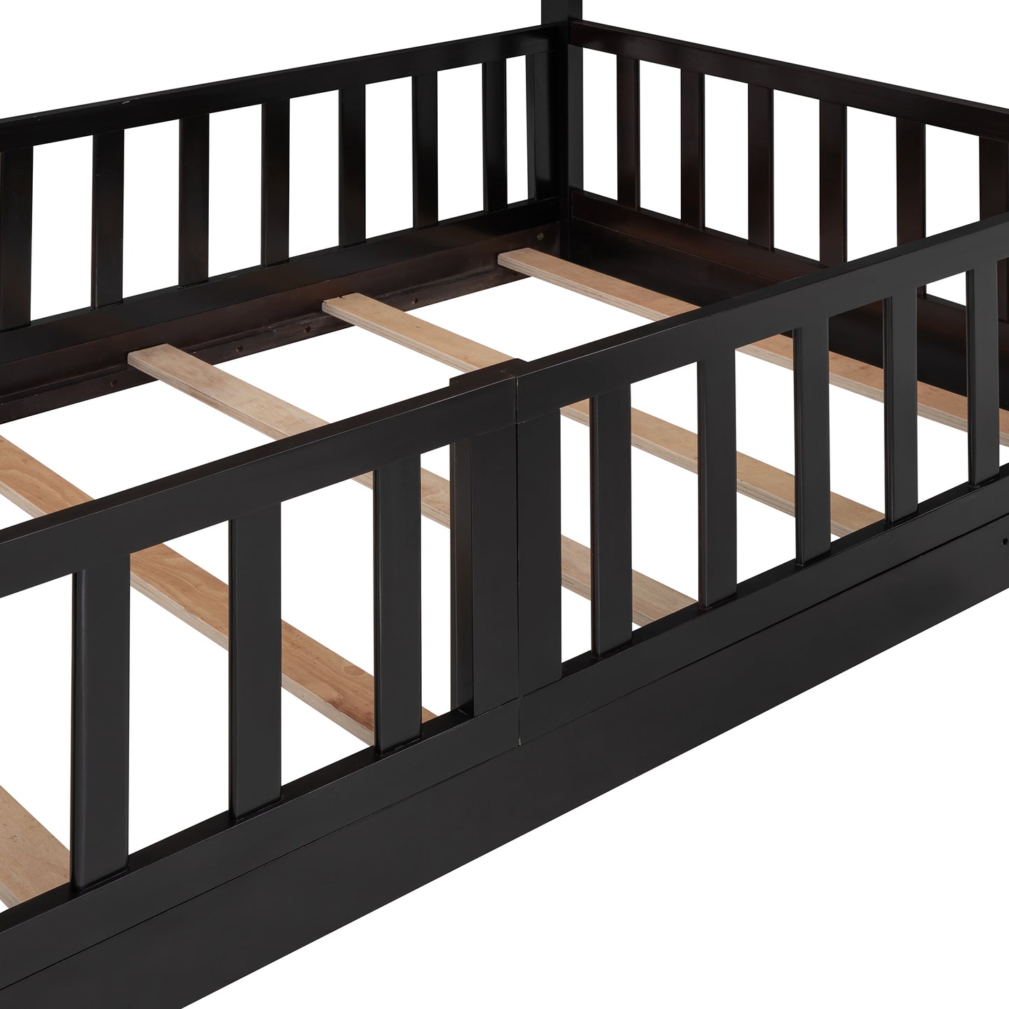 Dark espresso wooden toddler bed frame with sturdy safety rails and slatted support