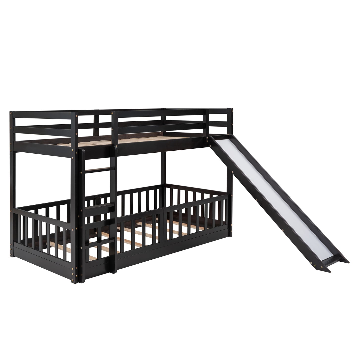 Black wooden bunk bed with slide and guardrails for kids