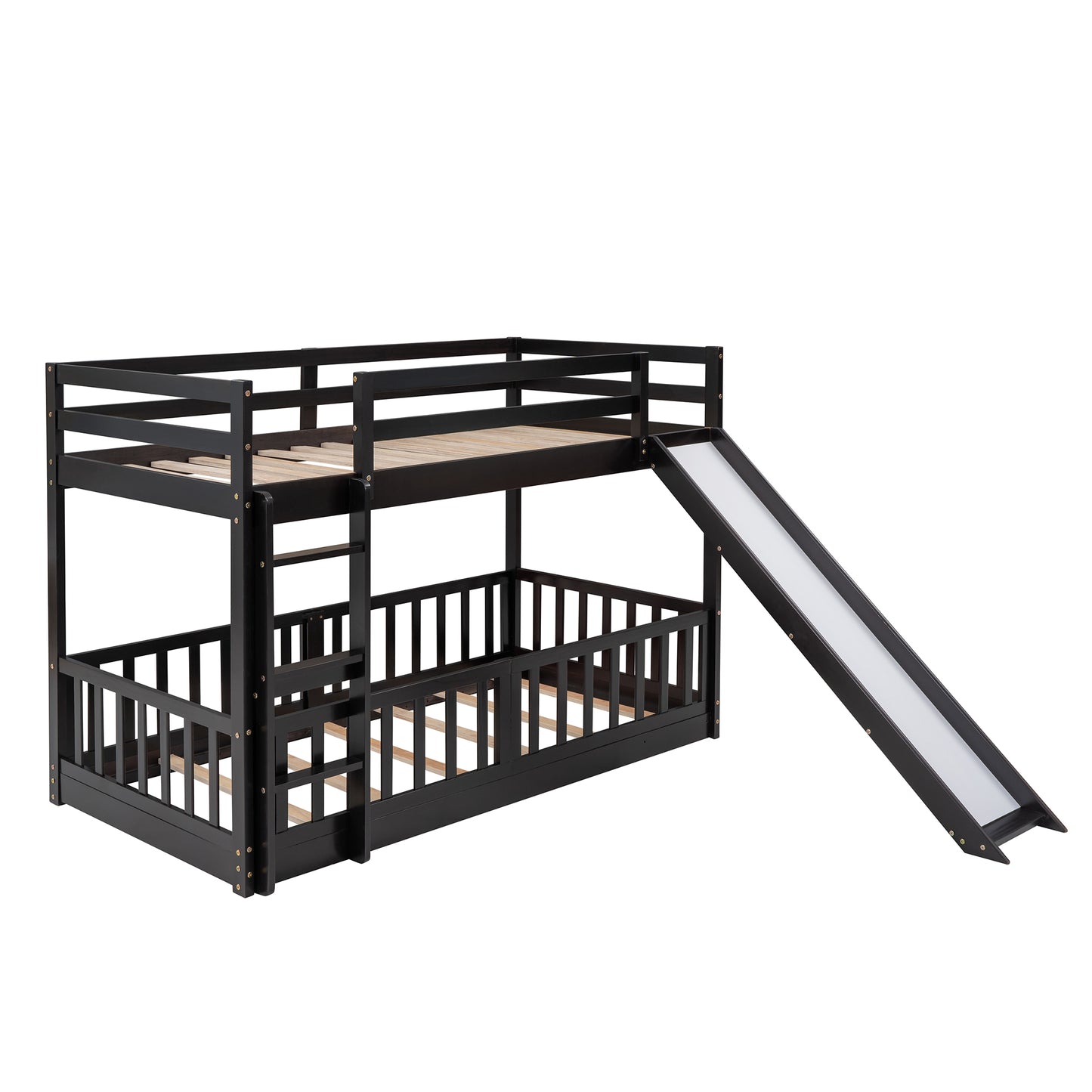 Black wooden bunk bed with slide for kids featuring sturdy construction