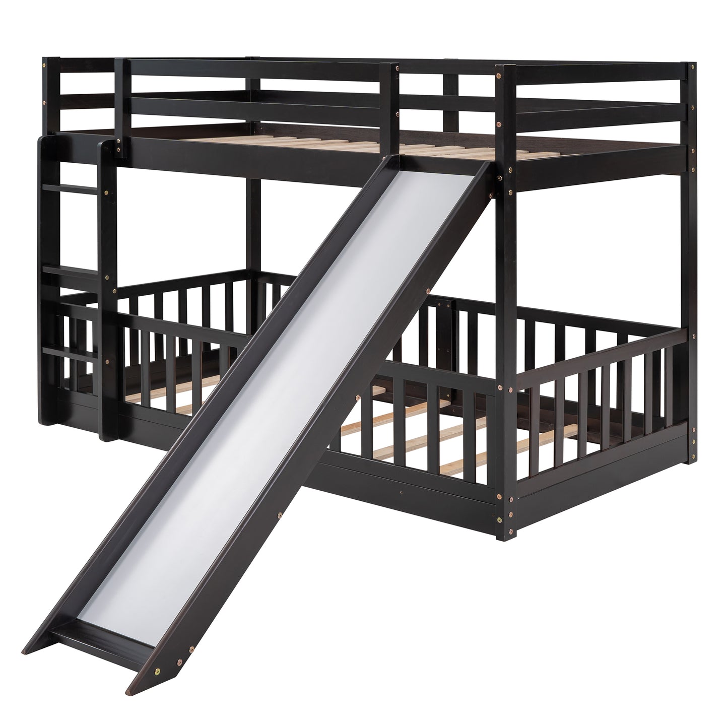 Dark wood bunk bed with slide and ladder for childrens bedroom