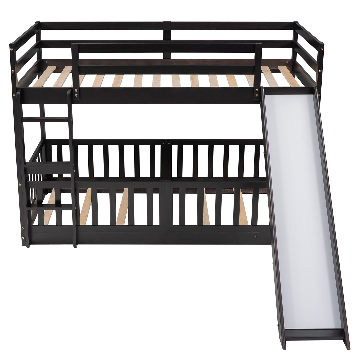 Dark wood twin over twin bunk bed with builtin slide and ladder for kids rooms