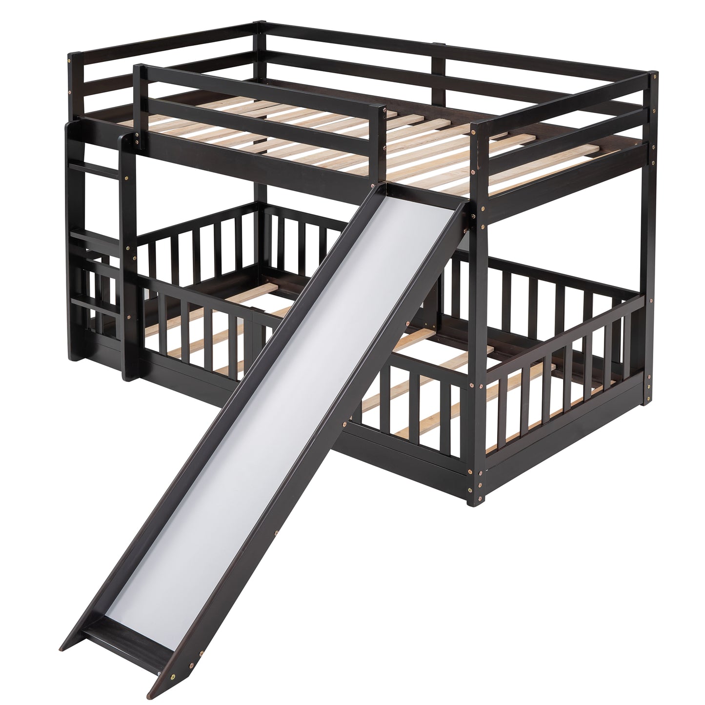 Dark wood bunk bed with ladder and slide for kids rooms