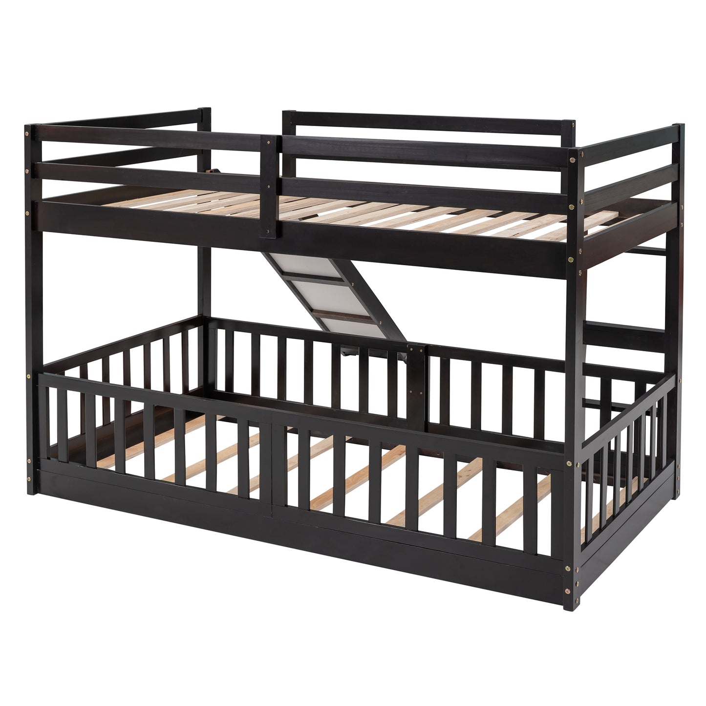 Dark wood bunk bed with ladder for kids room featuring safety rails