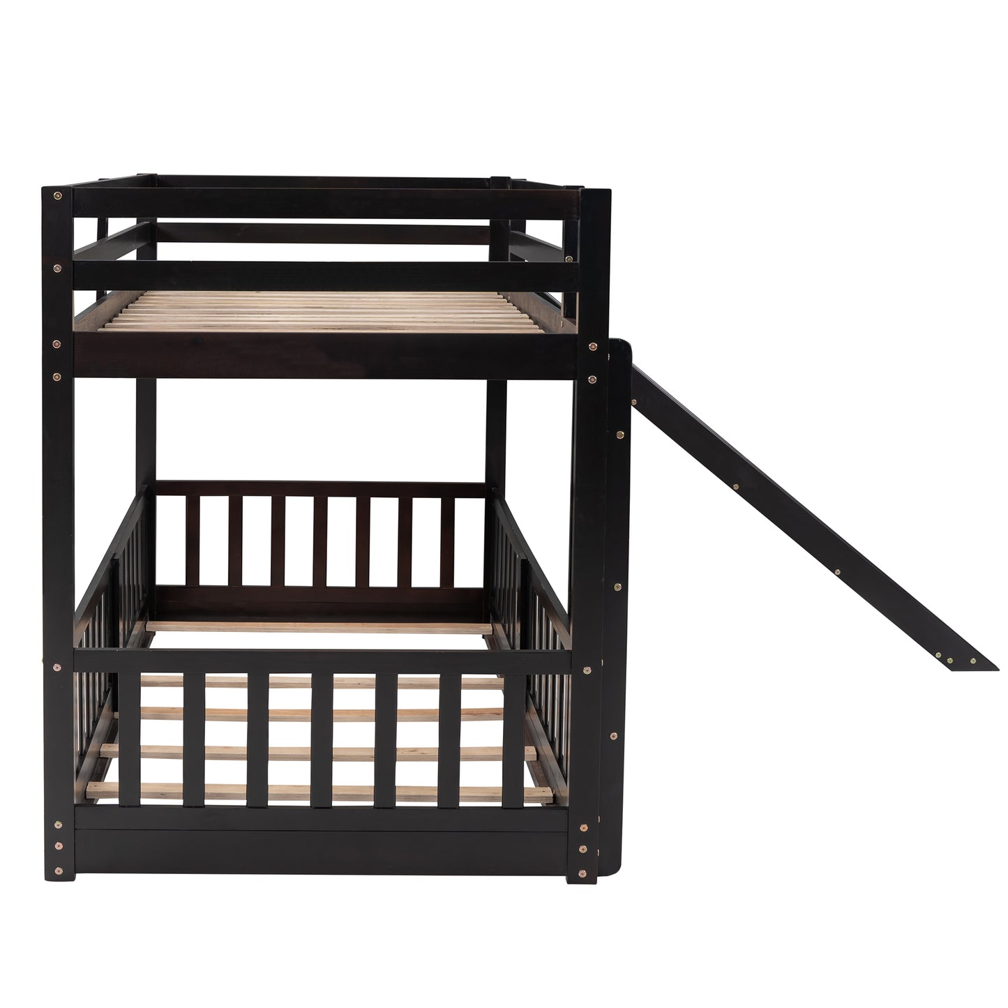 Dark brown wooden bunk bed with ladder perfect for kids bedrooms