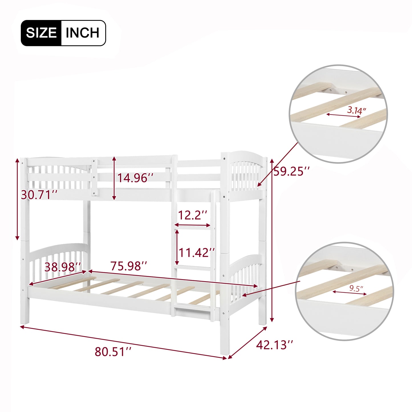White wooden bunk bed with ladder featuring detailed dimensions for safe sleep