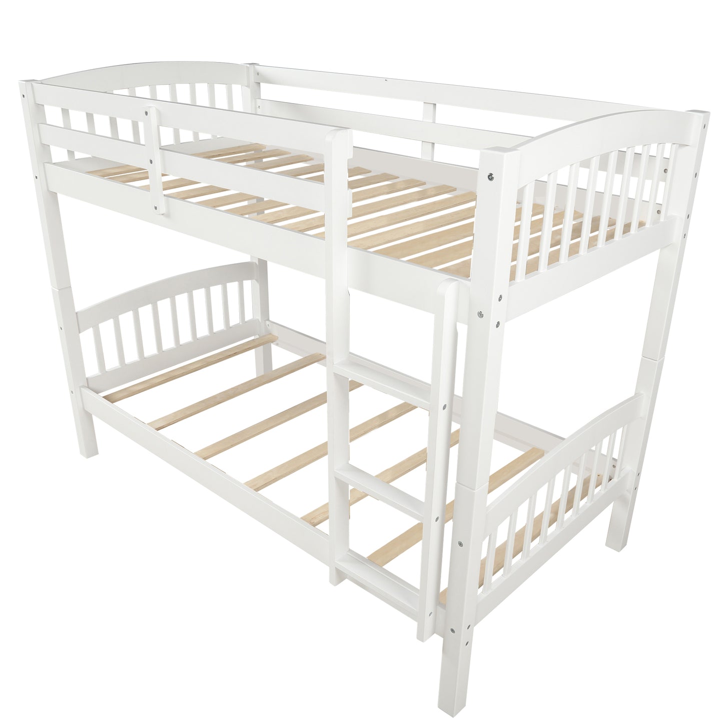 White wooden twin over twin bunk bed with ladder and slatted platform ideal for kids rooms