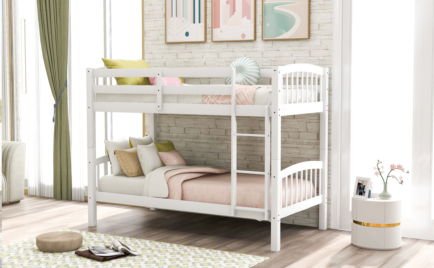 White wooden bunk bed with colorful pillows and bedding