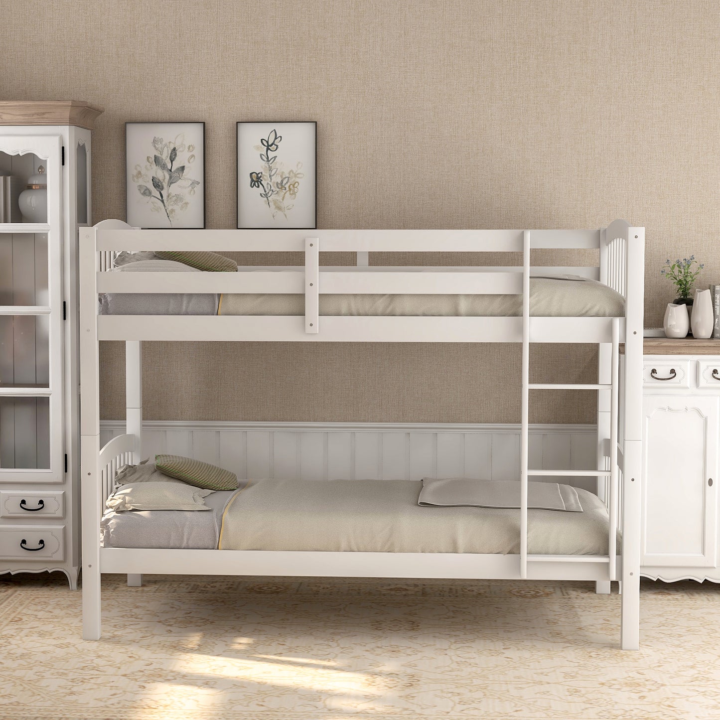 White wooden twin over twin bunk bed with ladder and upholstered mattress for kids
