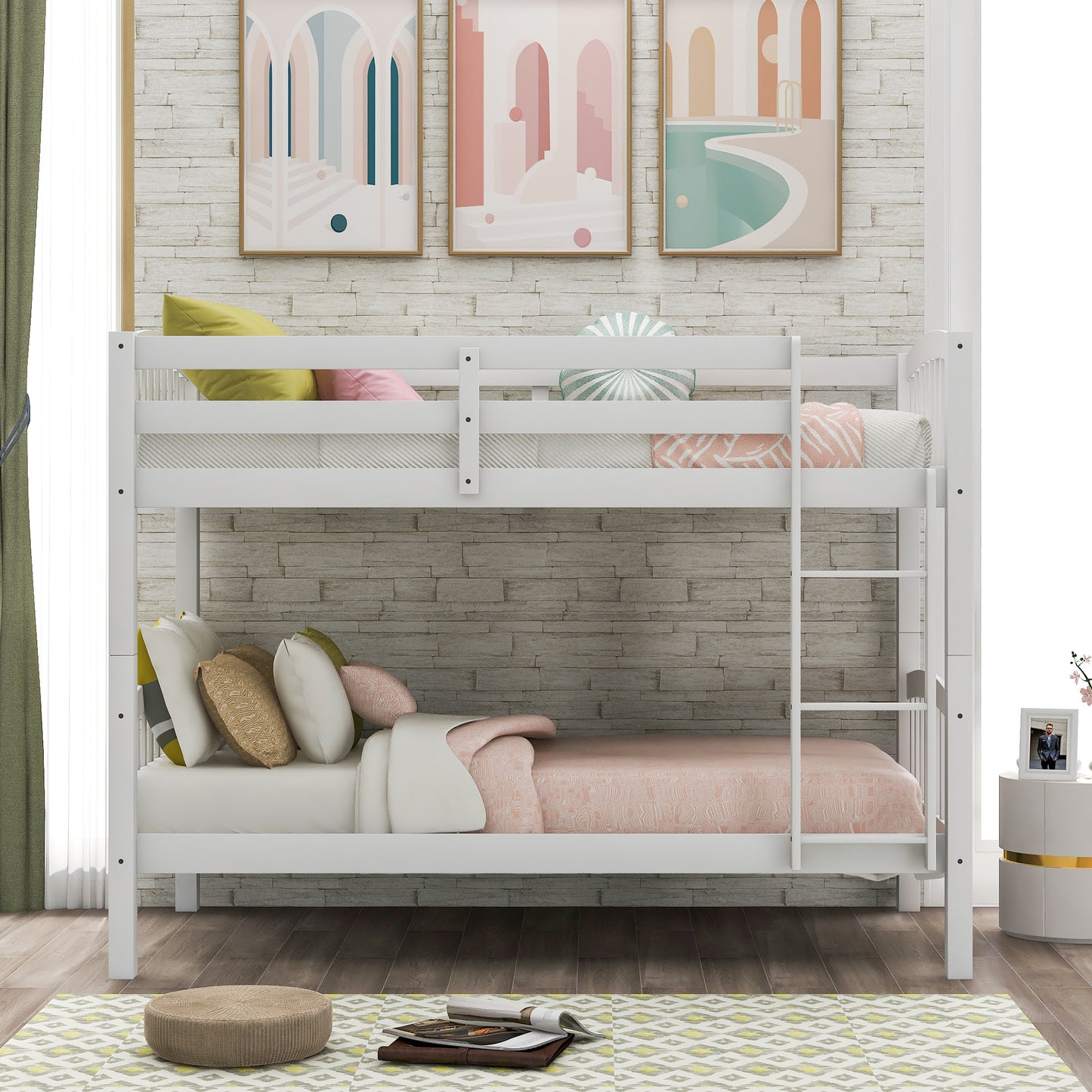 Classic white wooden twin over twin bunk bed with pillows and blankets