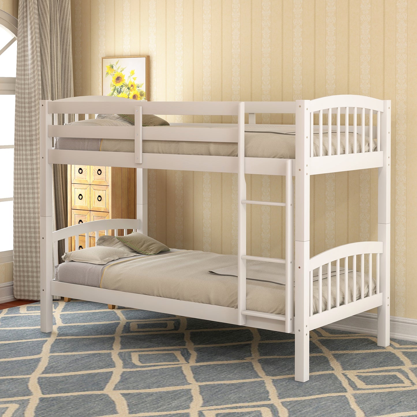 White wooden twin over twin bunk bed with ladder and safety rails ideal for kids rooms