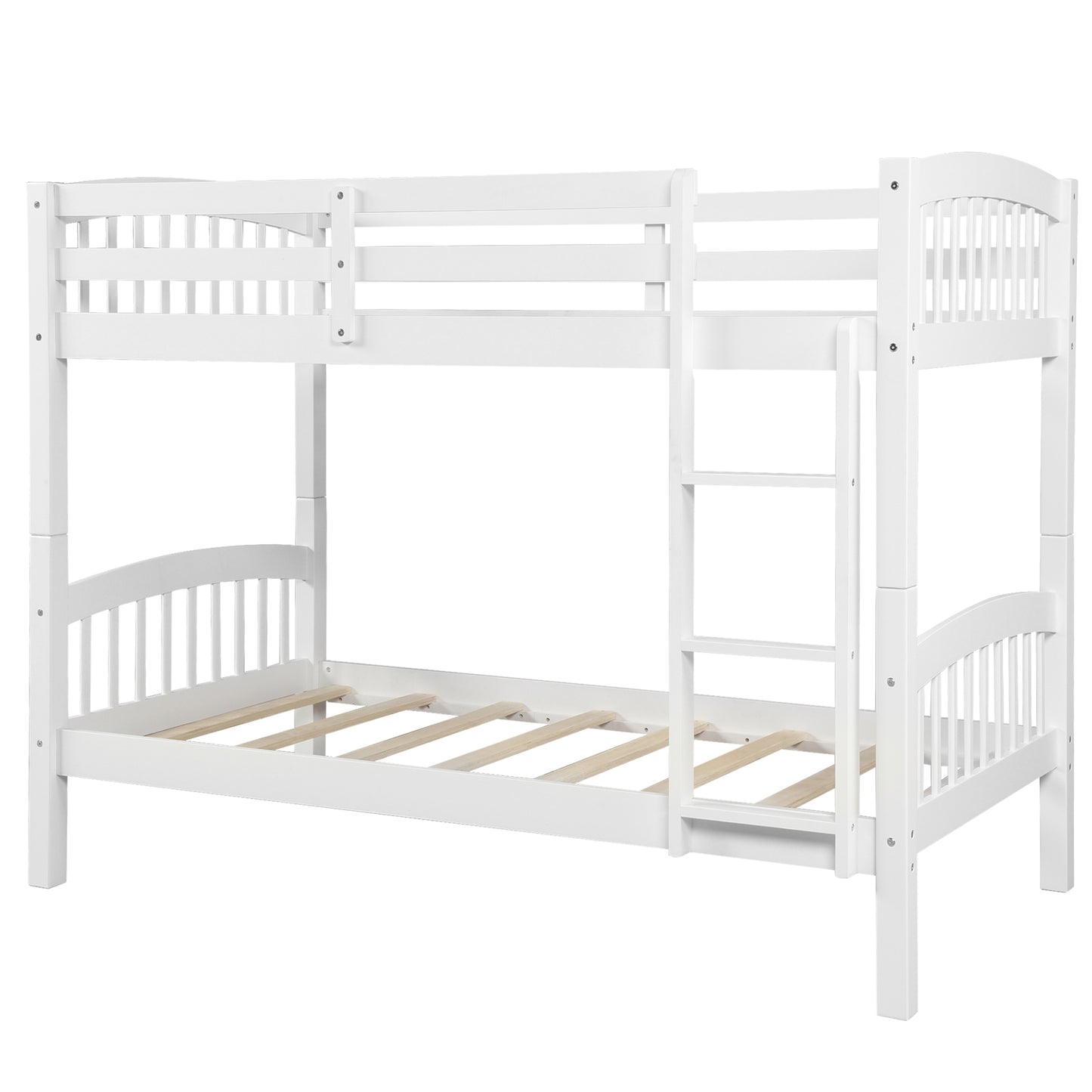 White twin over twin bunk bed with wooden slats and slatted headboards