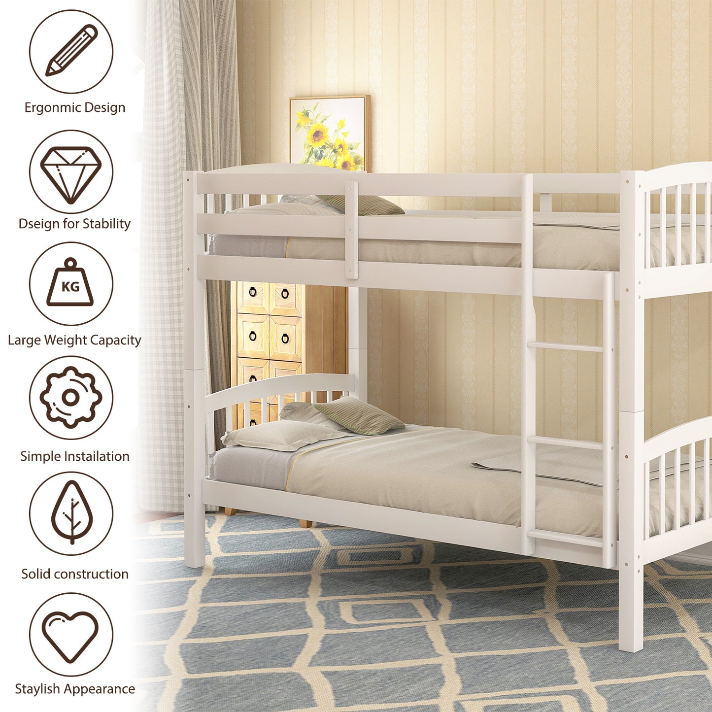 White wooden bunk bed with ladder ideal for childrens bedrooms