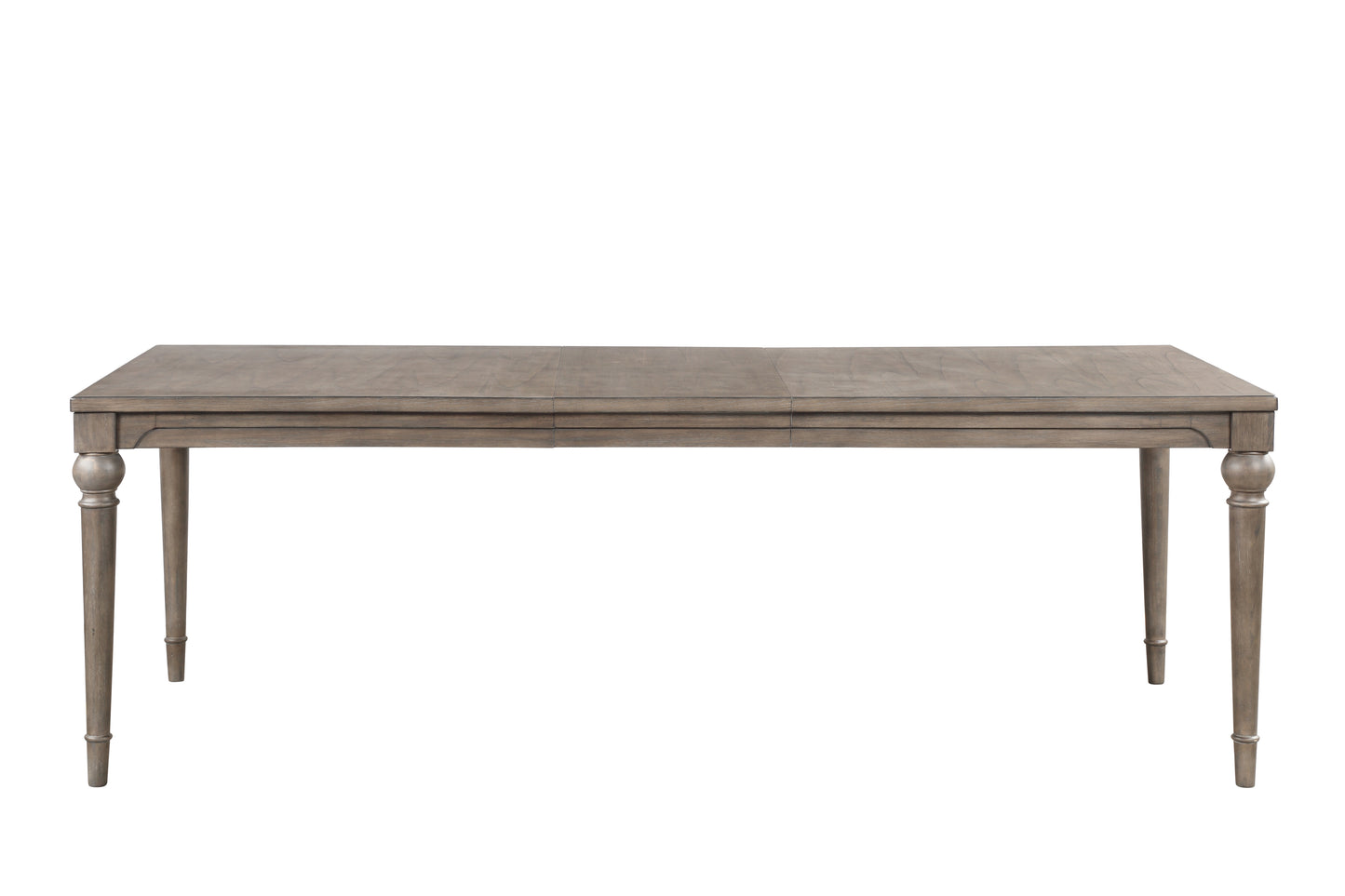 Weathered gray wood dining table with carved legs