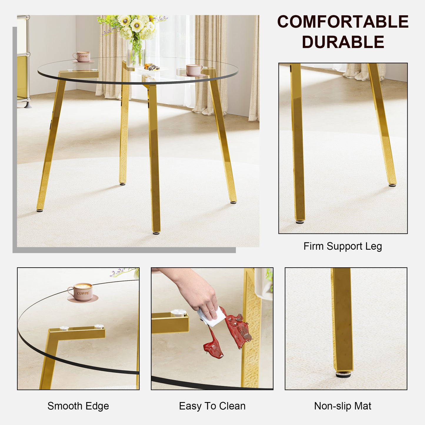 Round glass top dining table with polished gold metal legs