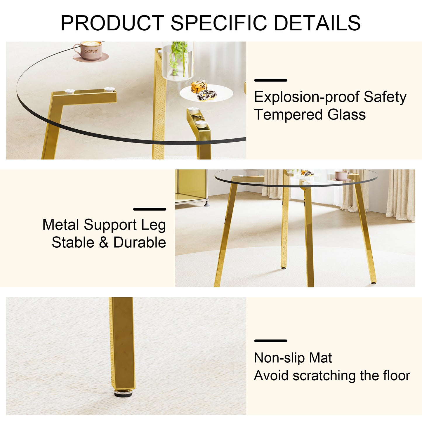 Round tempered glass tabletop with gold metal legs