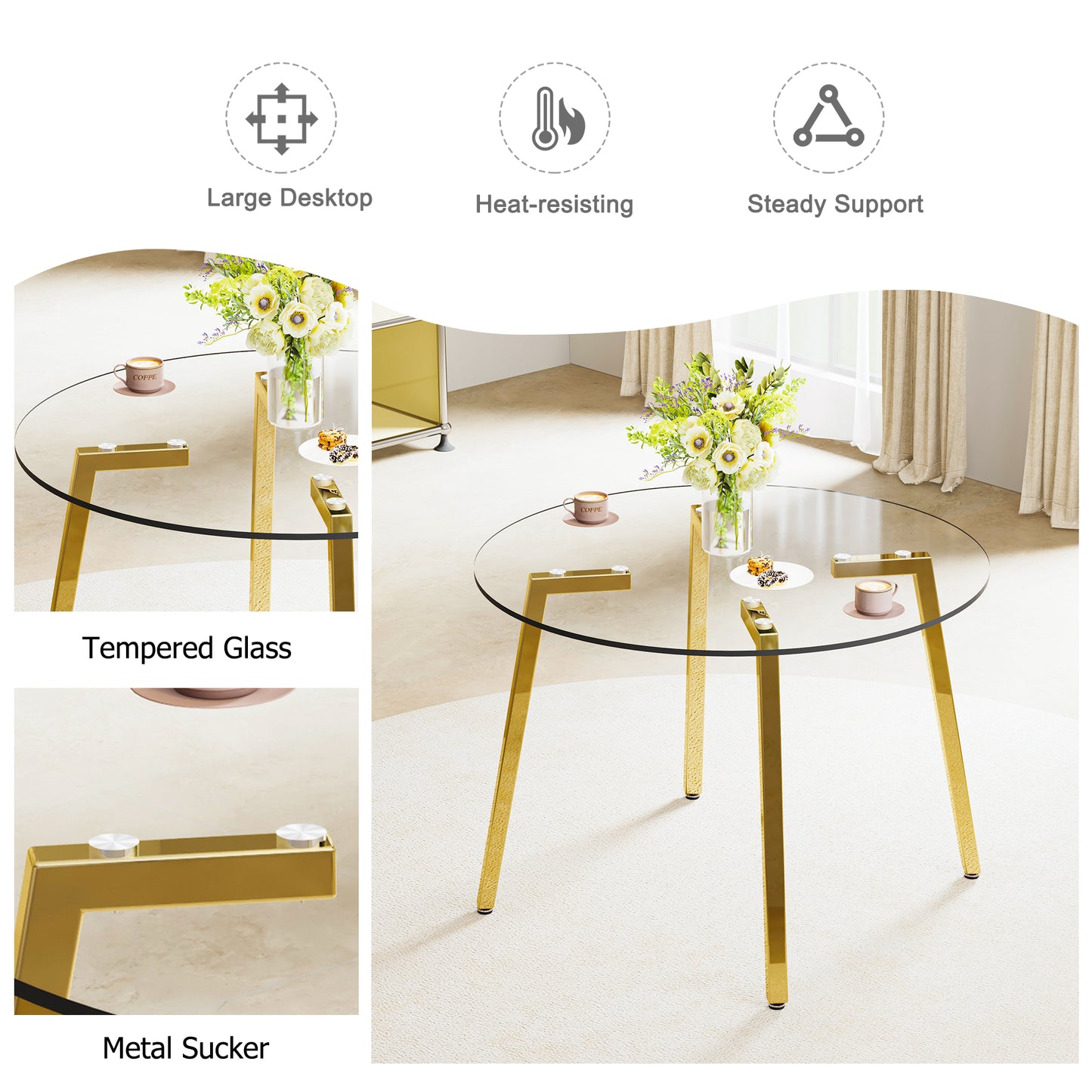 Round glass coffee table with gold metal legs and floral arrangement
