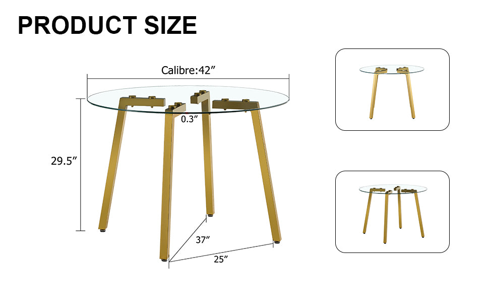 Round glass dining table with gold tapered legs and dimensions diameter height