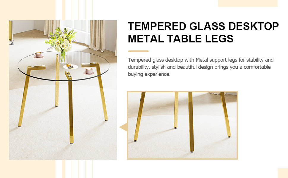 Round tempered glass dining table with modern gold metal legs