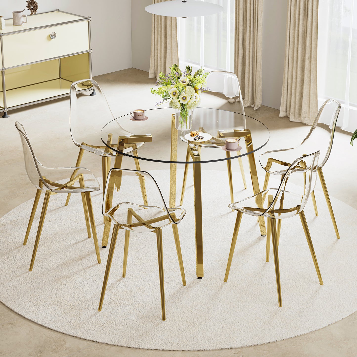 Clear acrylic dining chairs with gold metal legs
