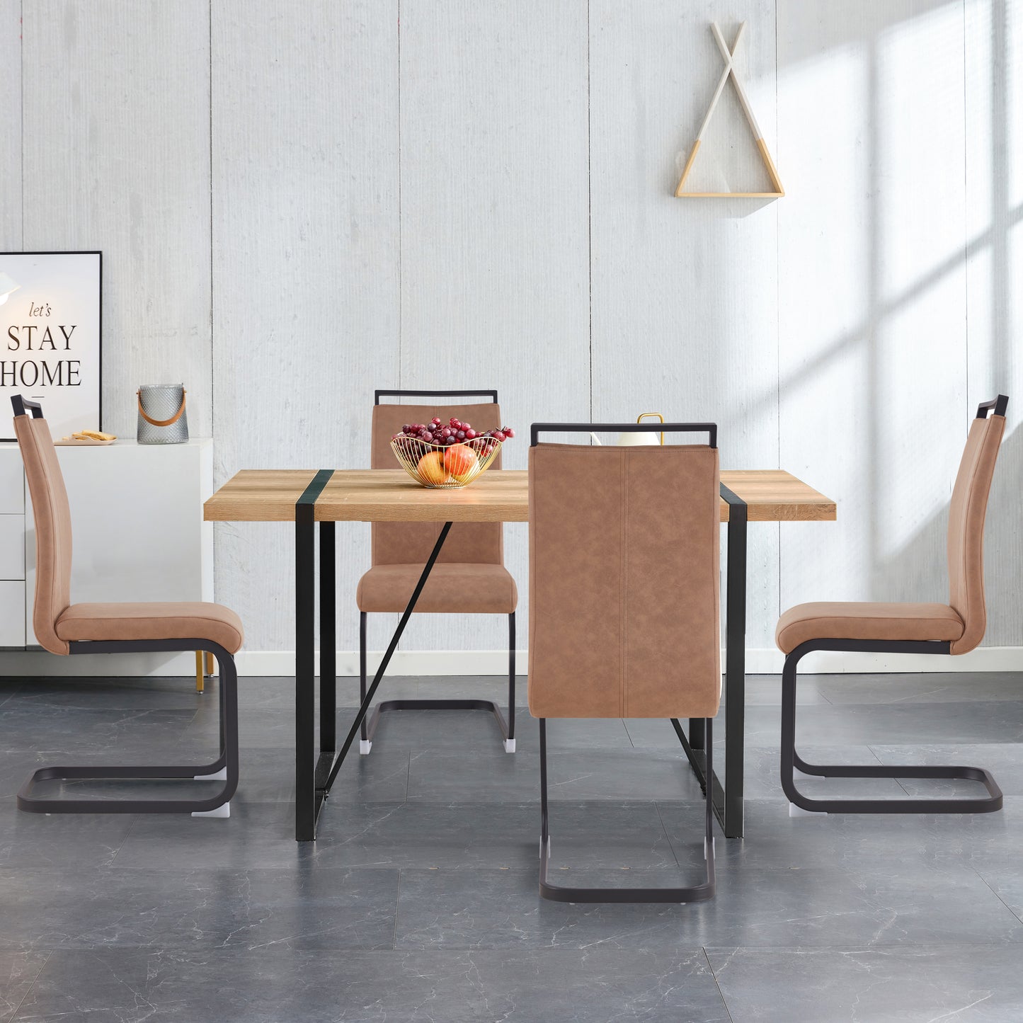 Modern dining set with tan faux leather chairs and woodgrain tabletop