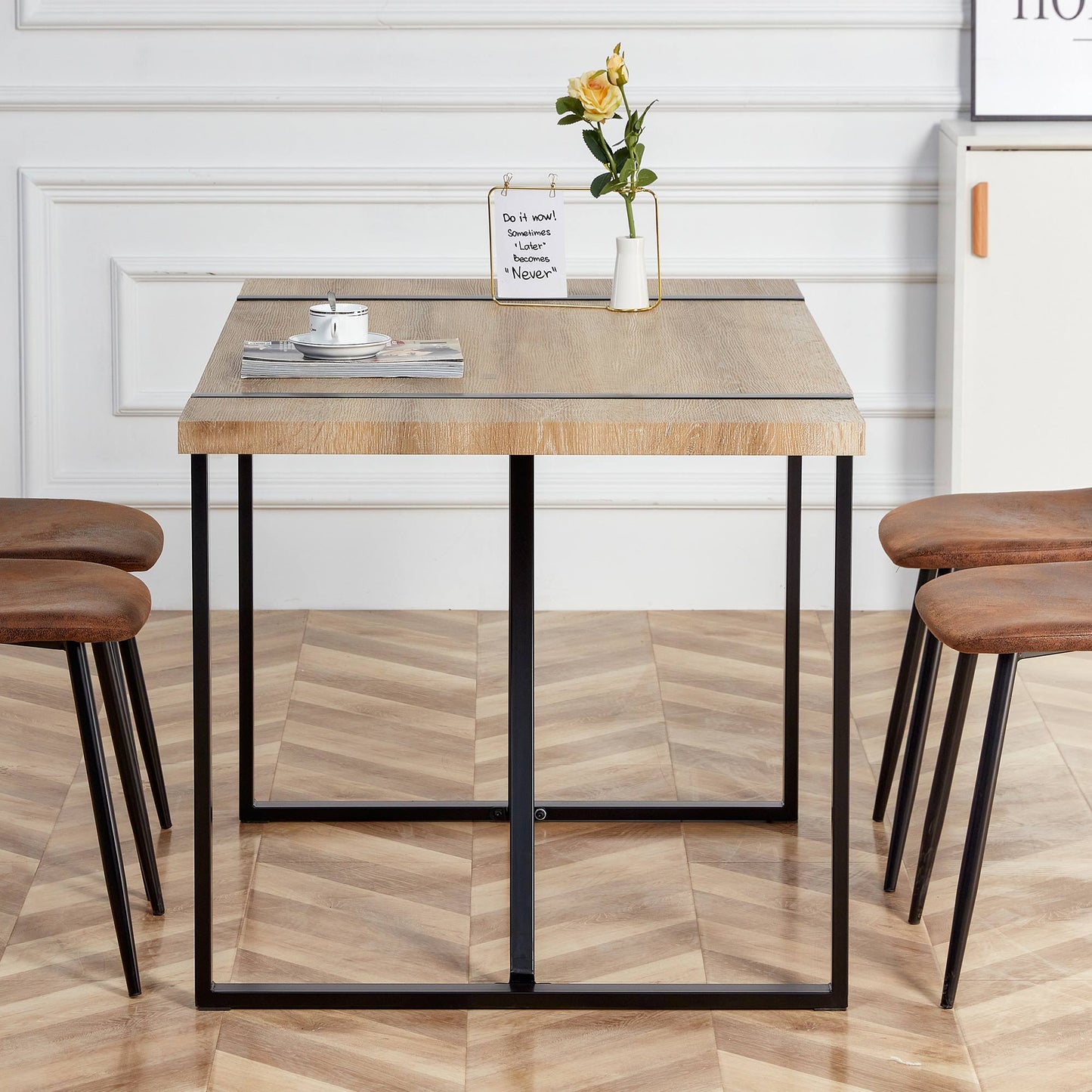 Modern oak veneer dining table with black metal legs