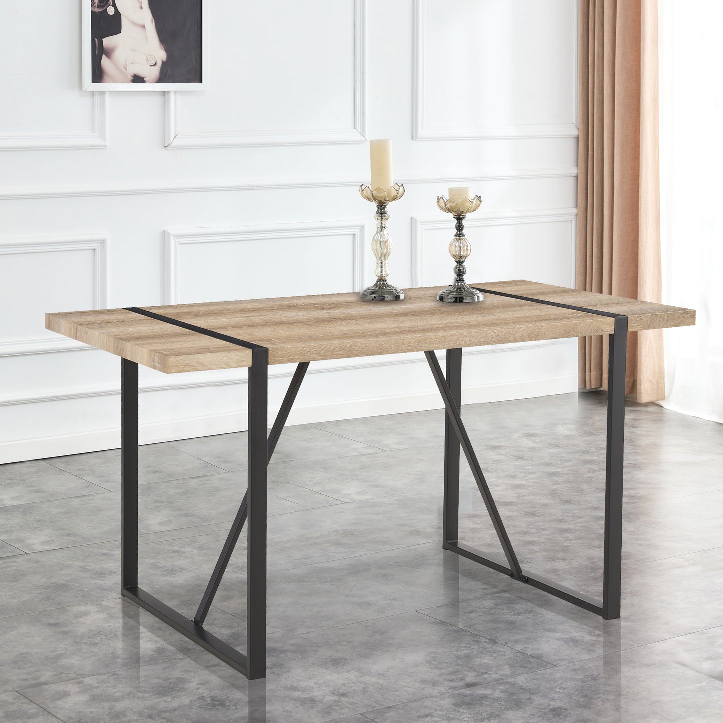 Light oak dining table with black metal legs