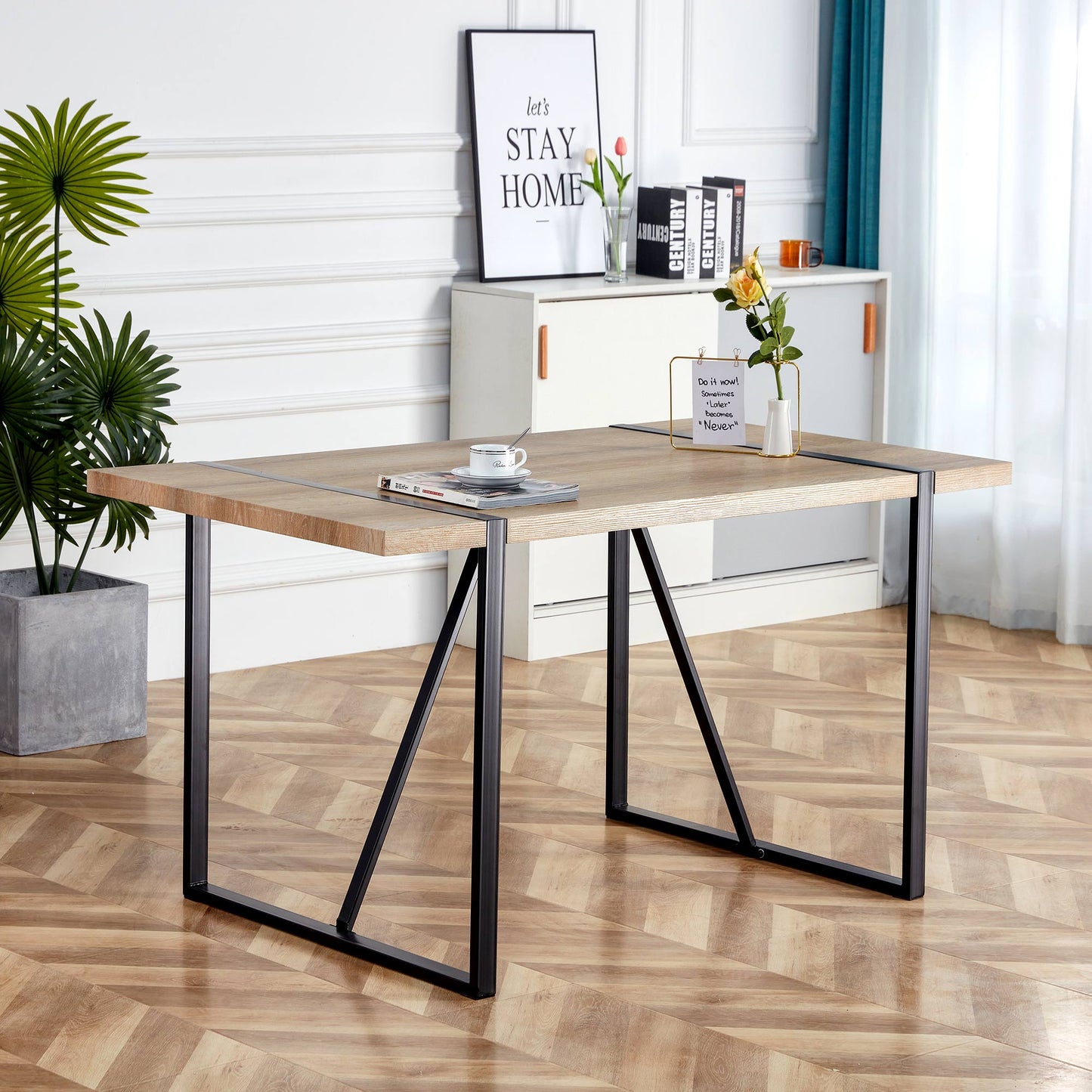 Wooden dining table with black metal legs