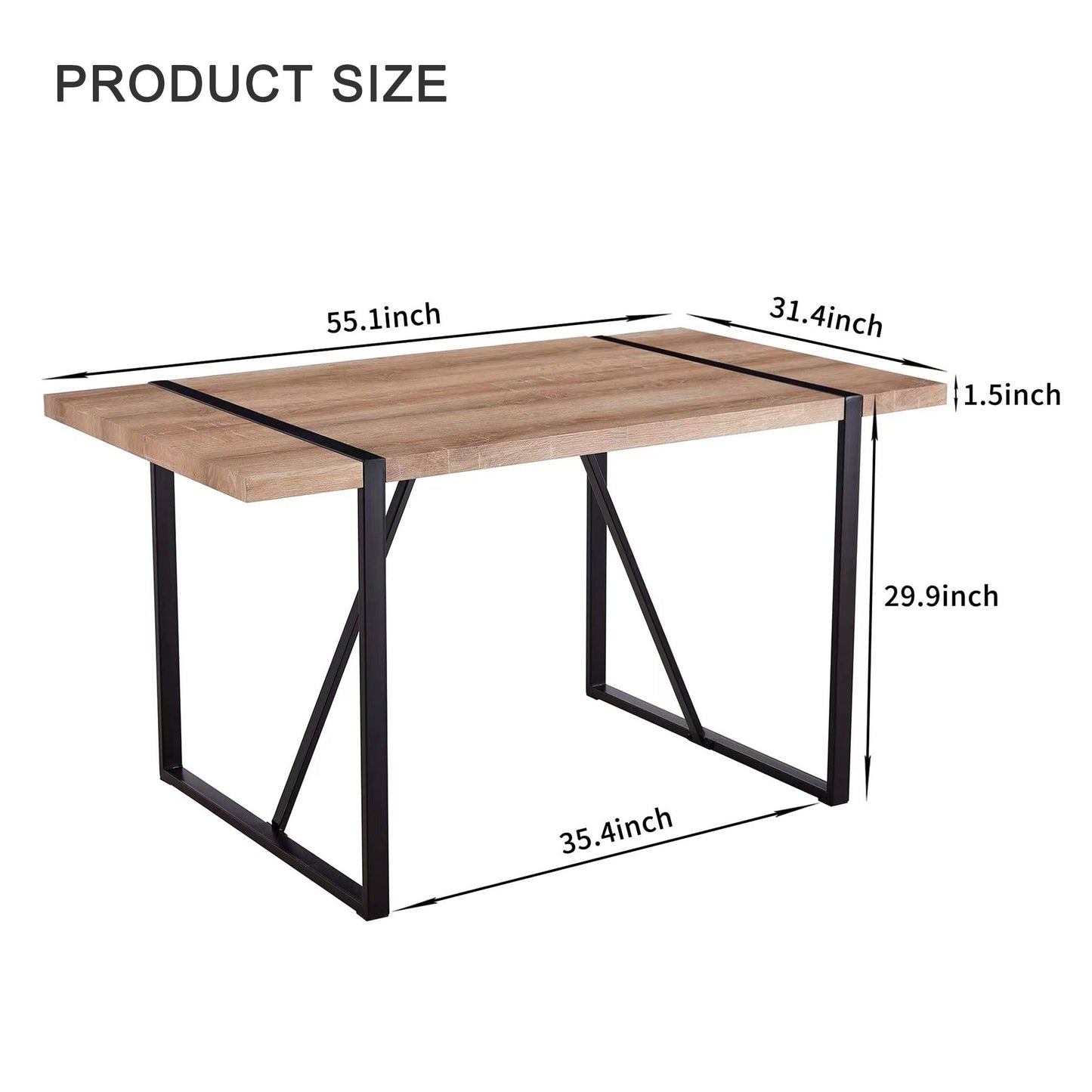 Modern wooden dining table with black metal legs dimensions L x W