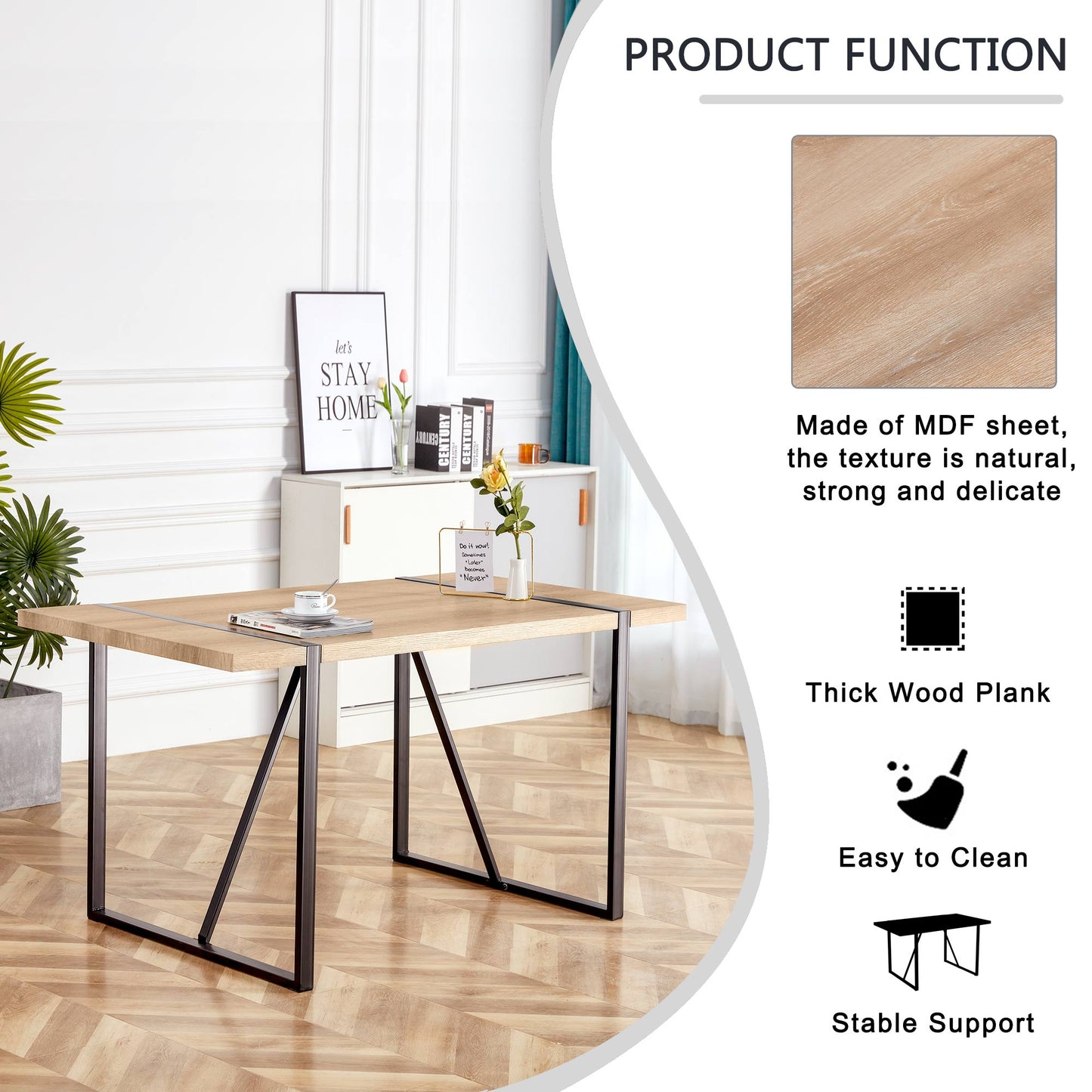 Modern light wood dining table with black metal legs