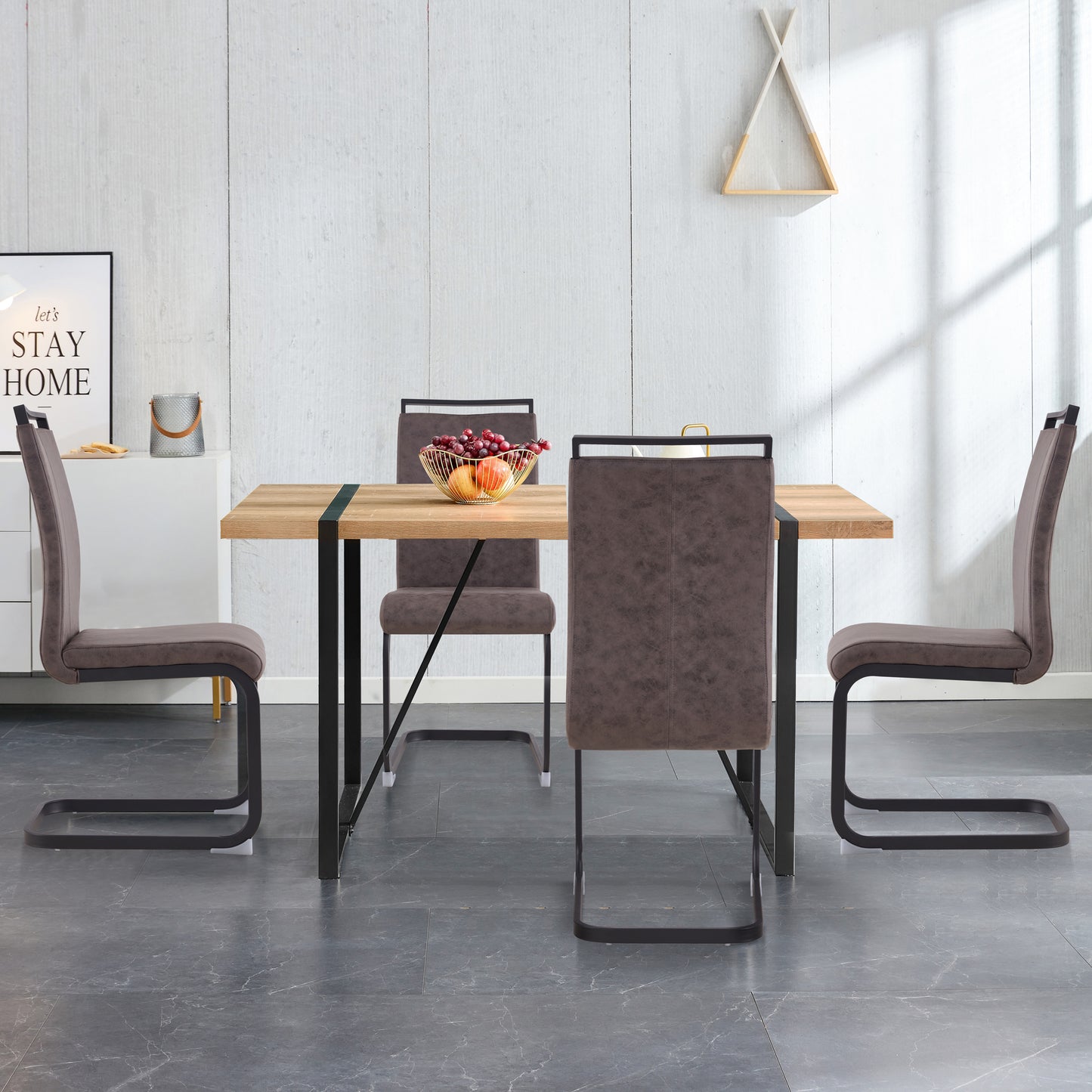 Modern dining set with oak veneer table and taupe upholstered chairs