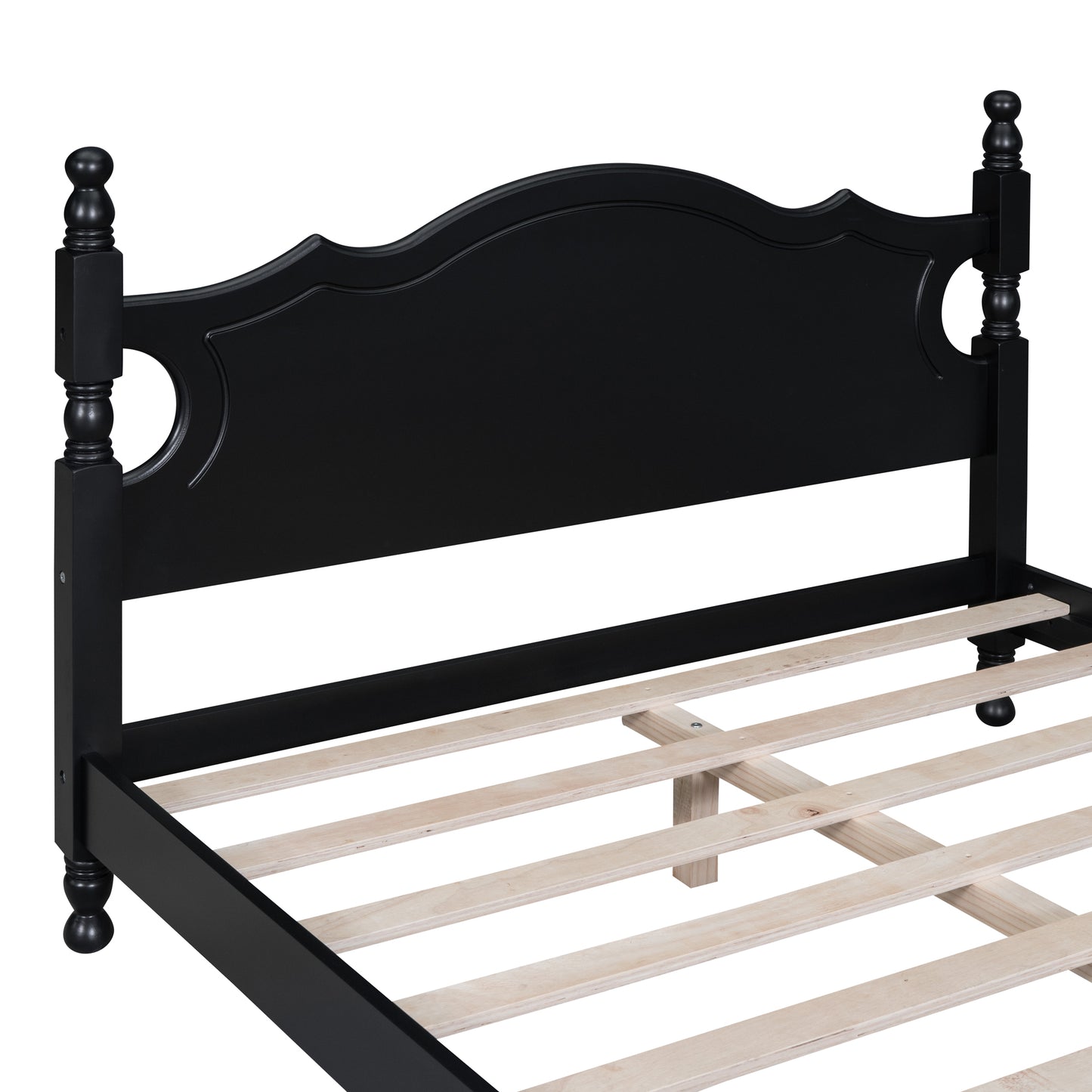 Elegant black wooden bed frame with a decorative curved headboard and turned posts perfect for a bedroom