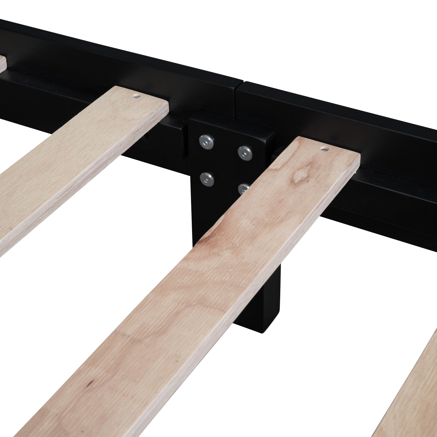 Black metal bed frame with natural wood slats closeup view