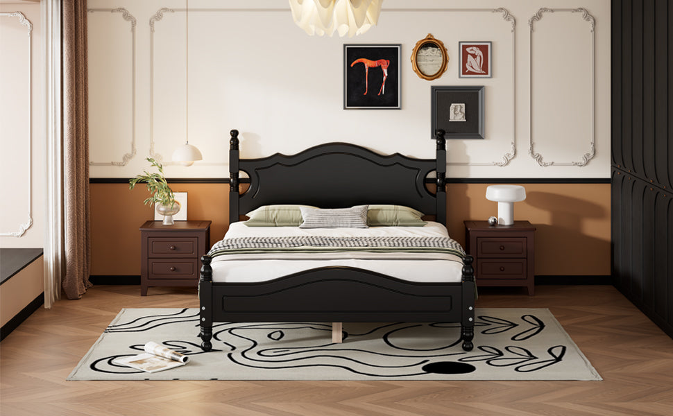 Elegant black wood bed frame with ornate detailing queen size for bedroom decor