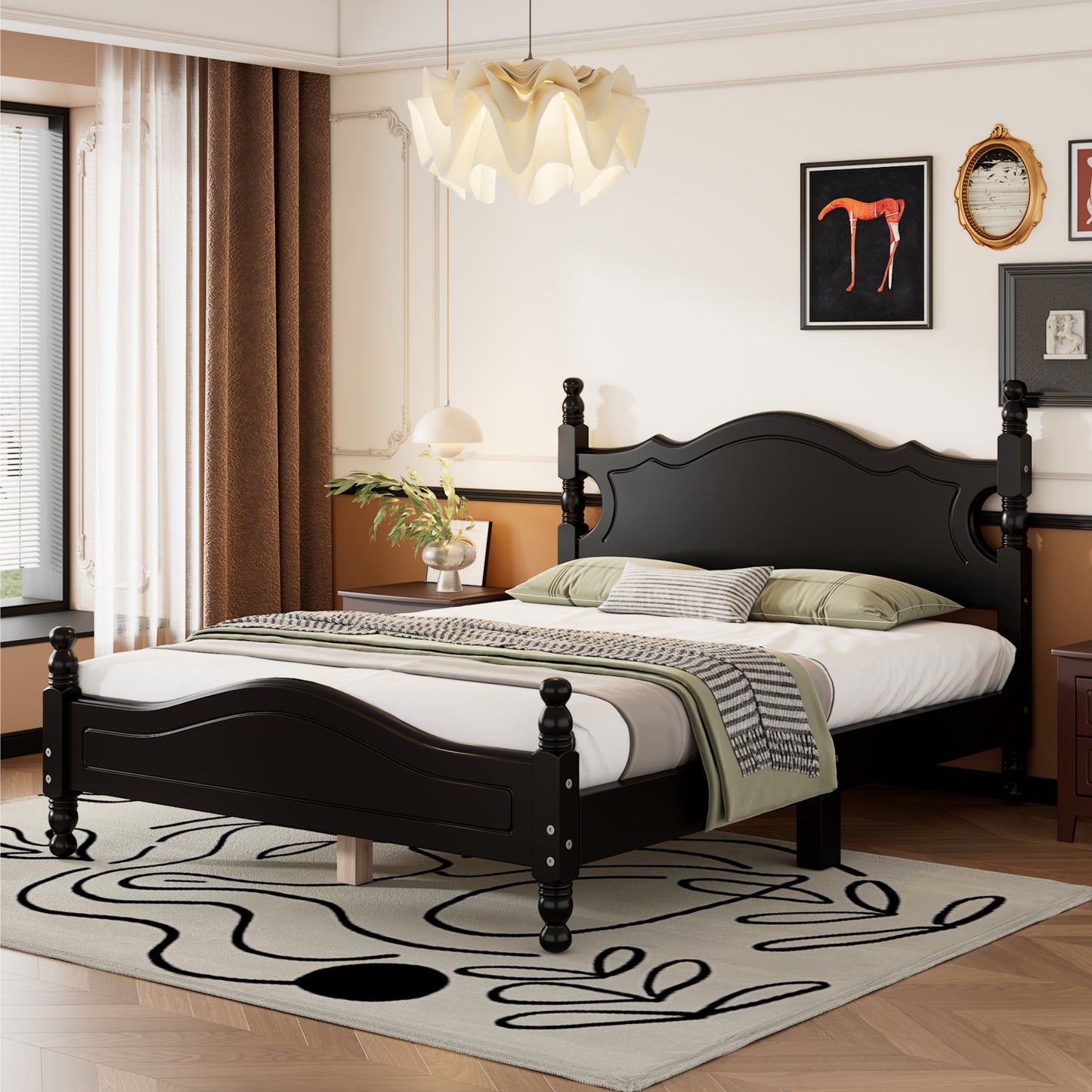 Dark wood fourposter bed with carved headboard and footboard queen size