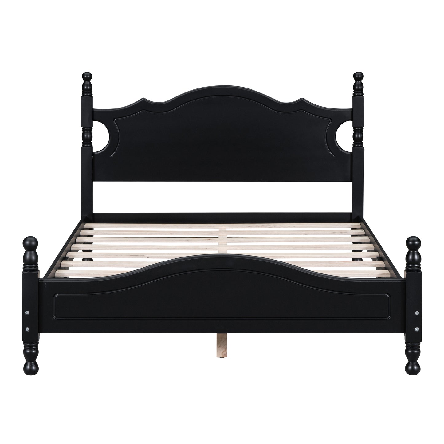 Black wooden sleigh bed frame with carved headboard and footboard