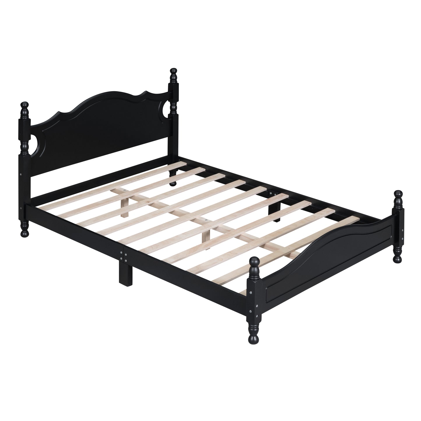 Black wooden bed frame with ornate headboard and footboard for a bedroom