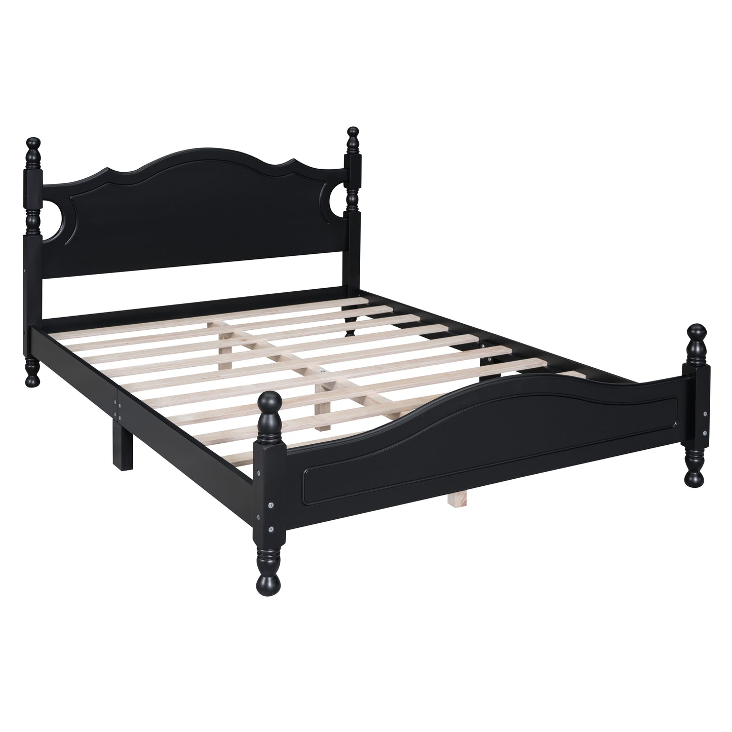 Elegant black wooden bed frame with a curved headboard and footboard and decorative finials