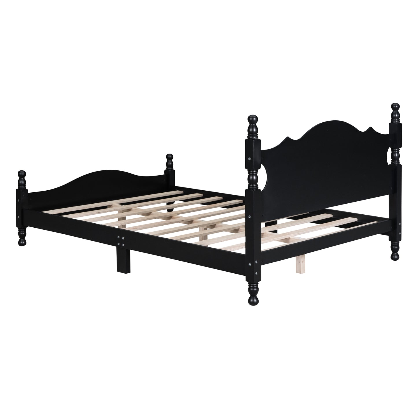 Black wooden bed frame with ornate headboard and turned posts