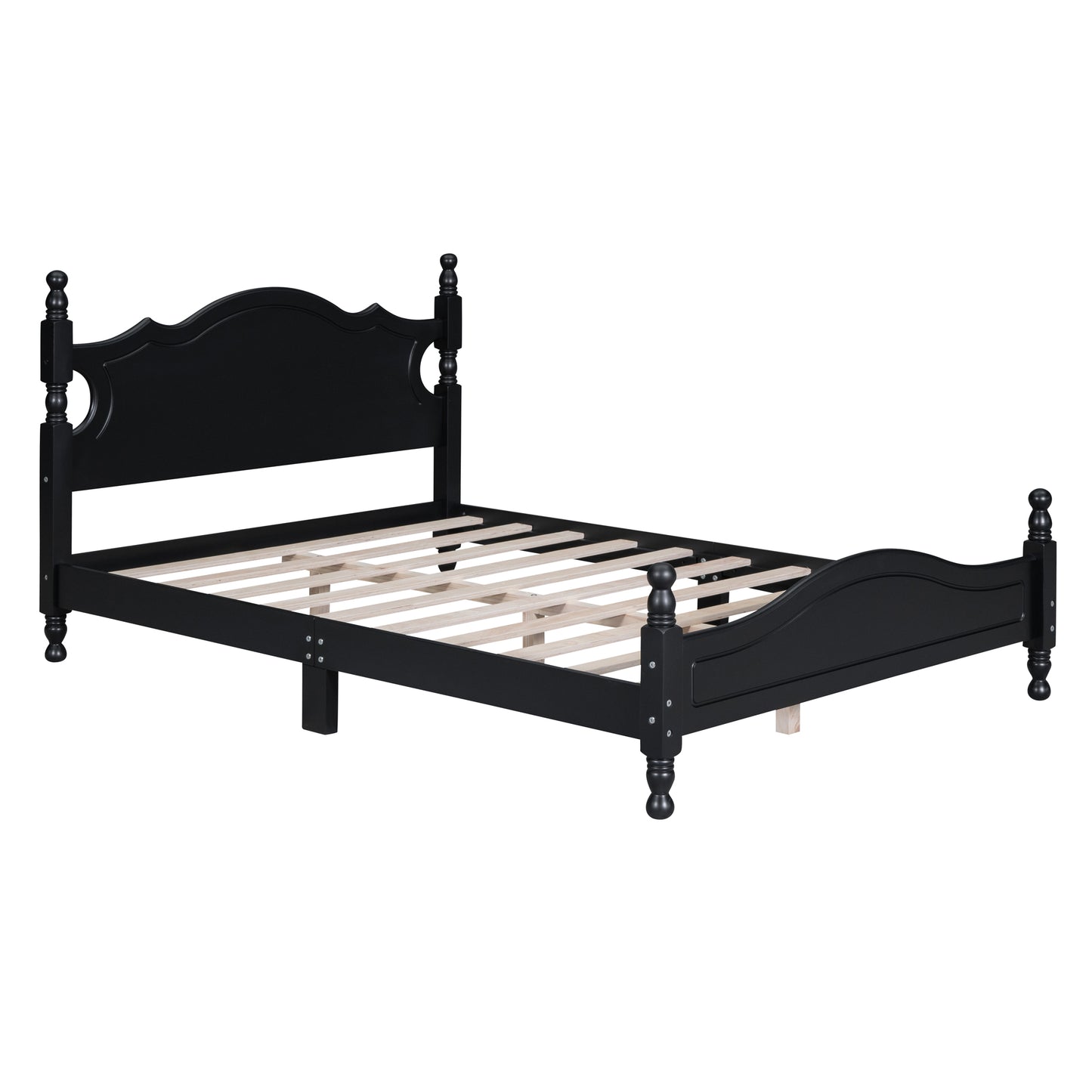Black wooden queen bed frame with ornate headboard and footboard