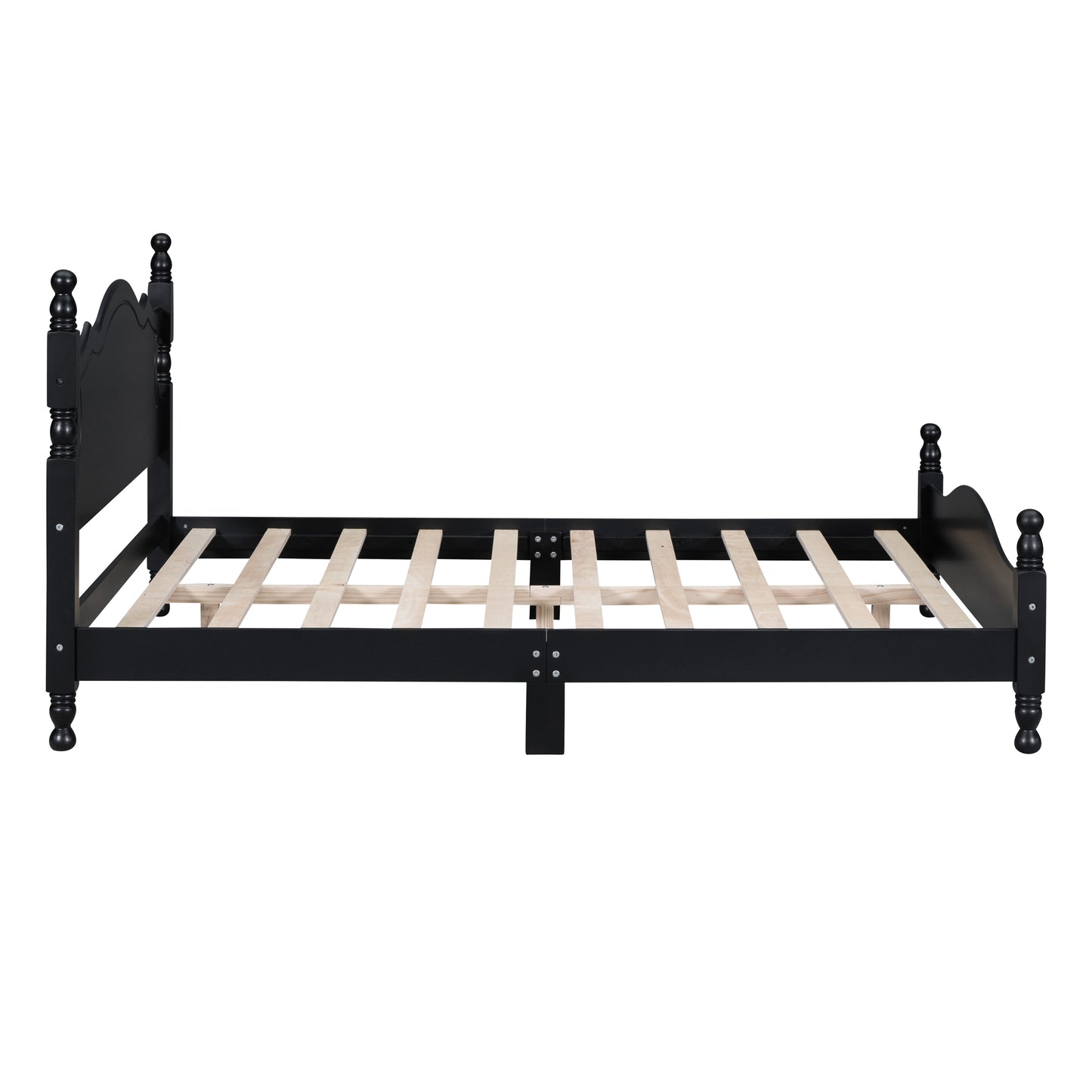 Black twin bed frame with carved headboard and slatted support