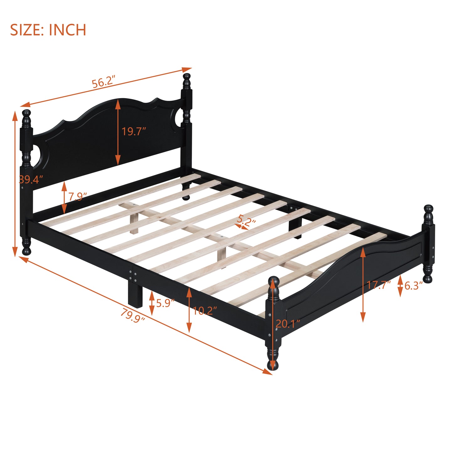 Black wooden bed frame with ornate headboard and footboard showing dimensions for queen size bed