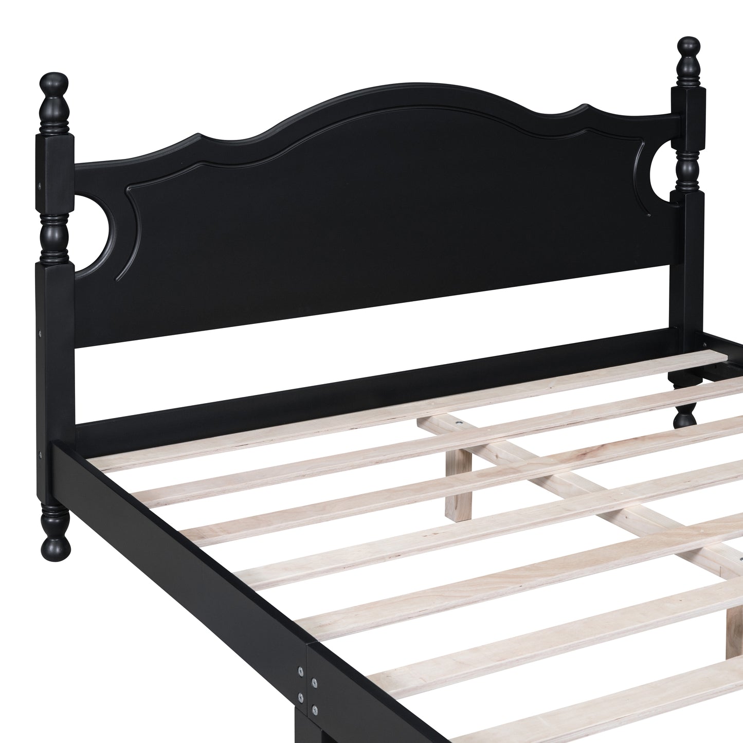 Black wooden bed frame with elegant headboard and slatted base