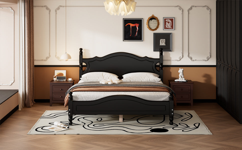 Black wood vintage style king bed with ornate headboard and footboard