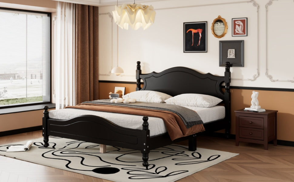 Black wooden ornate frame bed with white mattress and brown throw blanket